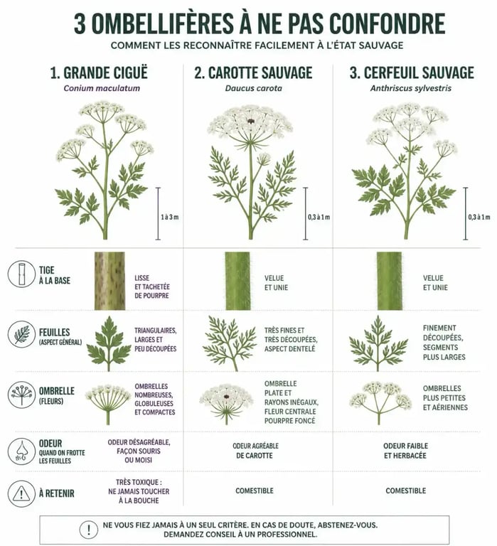 Comparatif visuel de la ciguë plante avec carotte sauvage et cerfeuil sauvage, tiges et détails d'identification