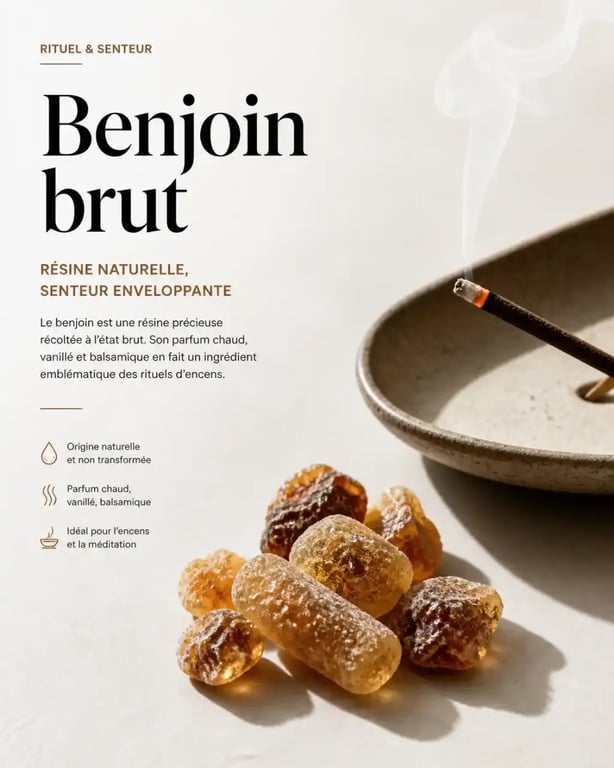 Encens benjoin en résine brute et bâtonnet allumé sur porte-encens