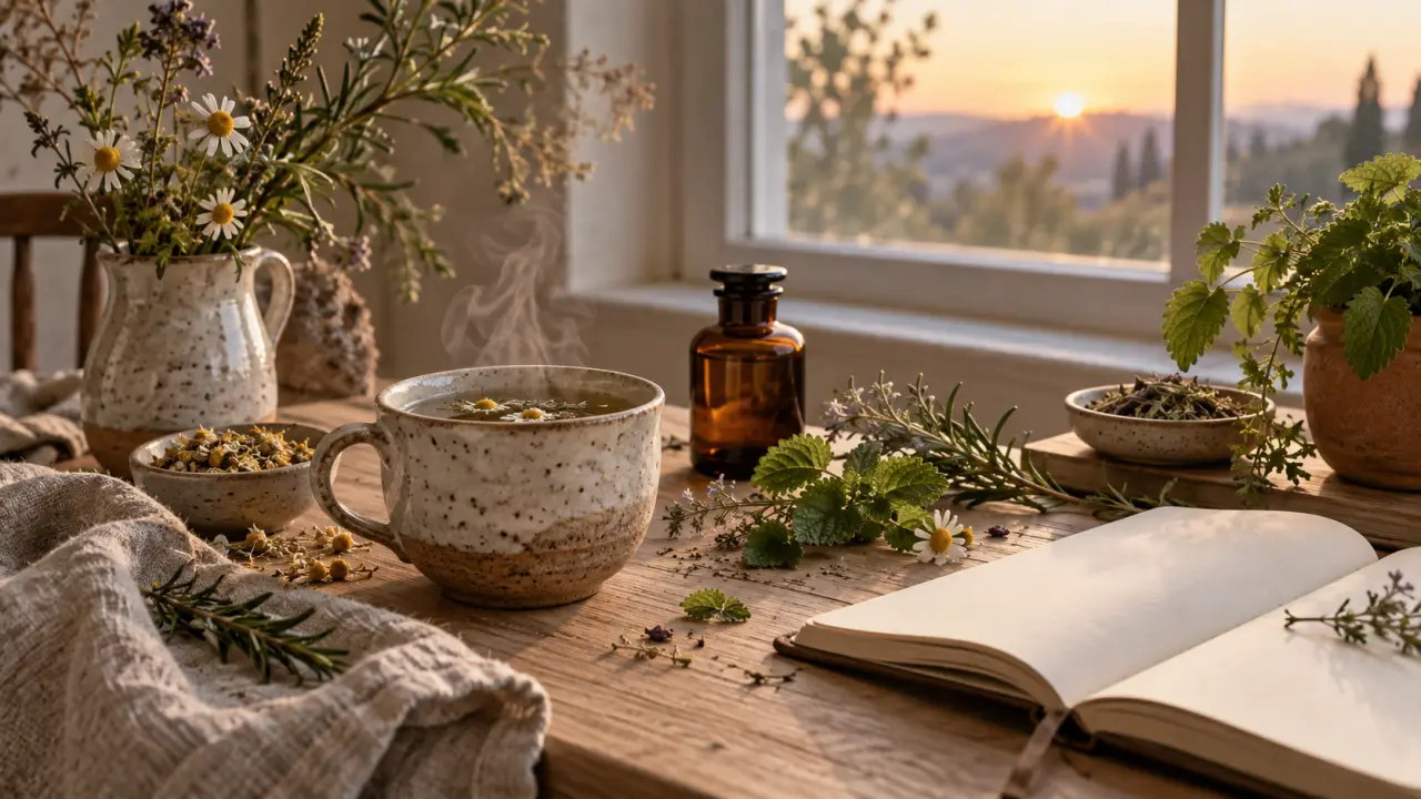 Herbes séchées, mortier en pierre et infusion botanique dans une lumière matinale douce
