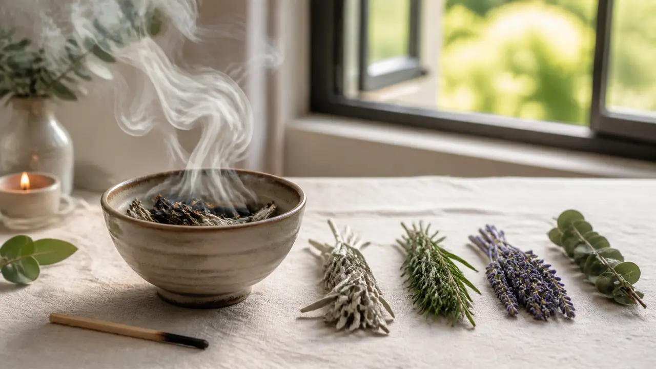 Herbes séchées, mortier en pierre et fumée douce dans une ambiance d'apothicairerie moderne