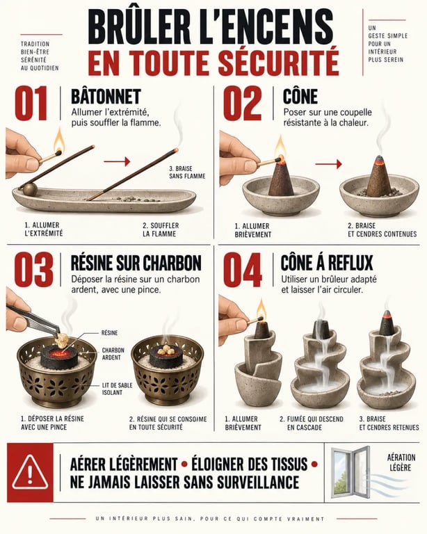 Brûler encens : étapes d’allumage d’un bâtonnet, d’un cône et d’une résine en sécurité