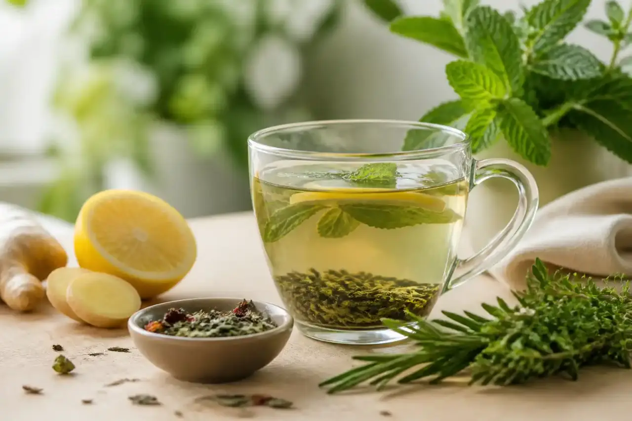 Herbes séchées, tasse d’infusion et mortier dans une ambiance d’apothicairerie moderne