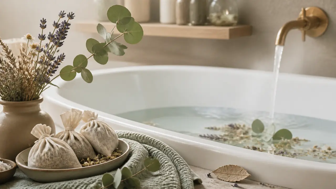 Composition botanique pour un bain rituel avec herbes séchées et mortier en pierre