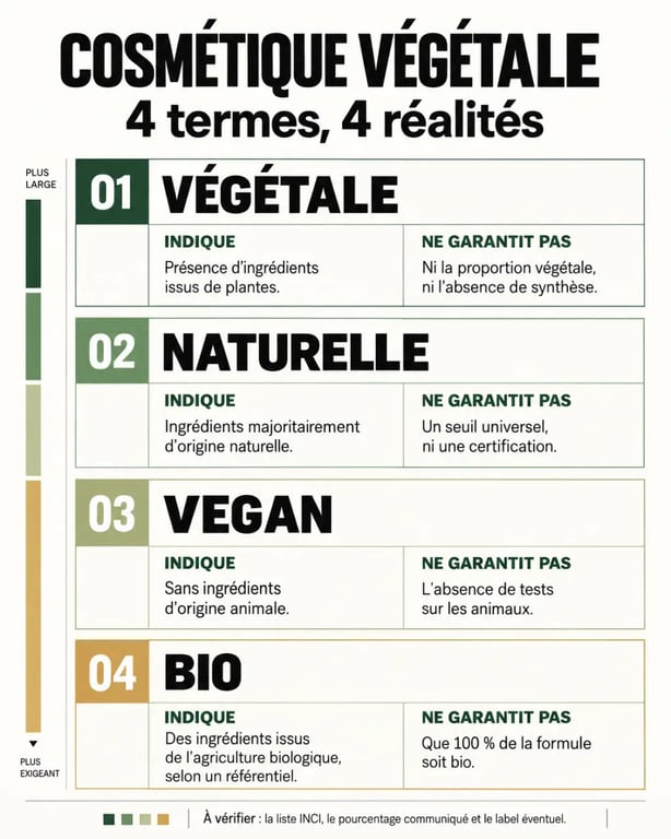Infographie comparative sur la cosmétique végétale, naturelle, vegan et bio