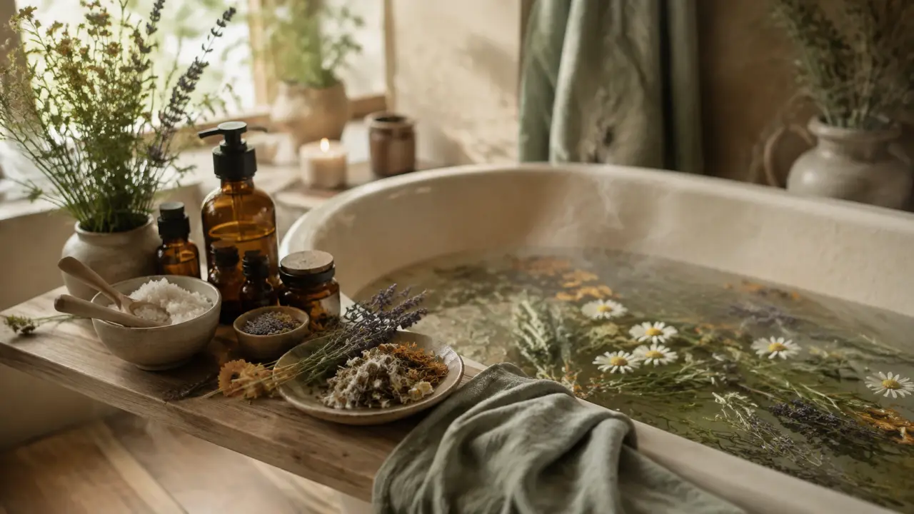 Composition photographique d’un bain botanique apaisant avec herbes séchées, mortier en pierre et fumée douce