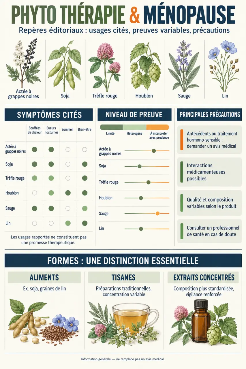 Visuel sur la phytothérapie ménopause comparant les plantes, les symptômes ciblés, le niveau de preuve et les précautions