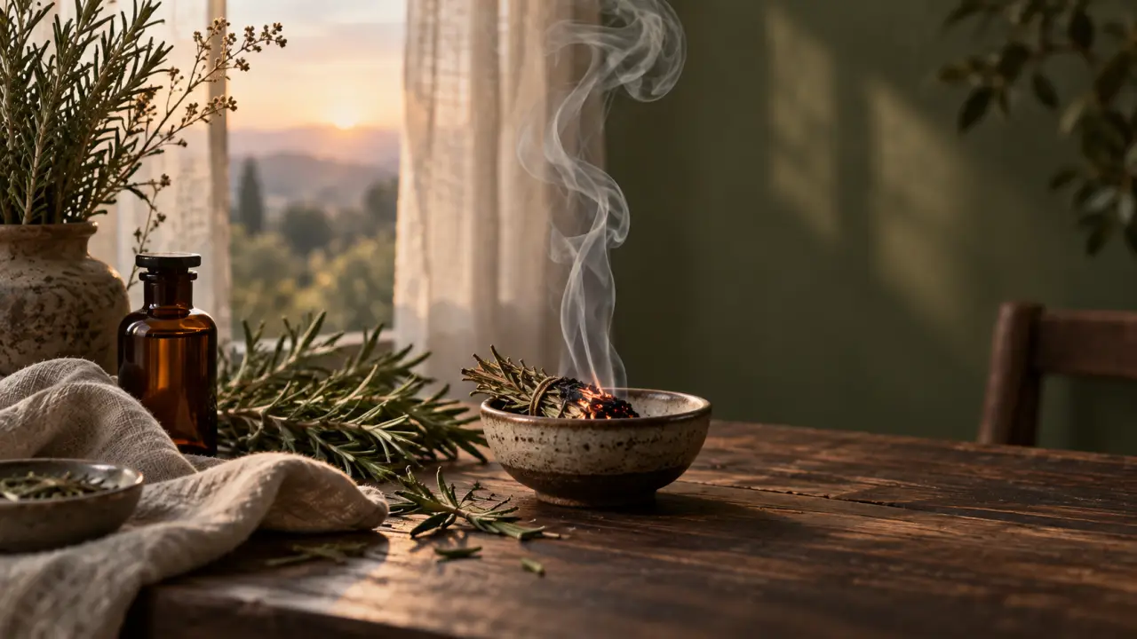 Romarin séché et fumée douce dans une ambiance d'apothicairerie